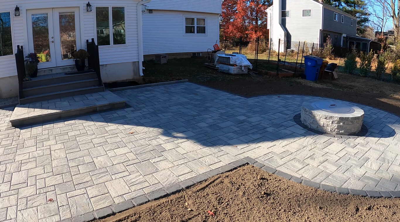 Beautiful stamped concrete patio with fire pit in Kent, OH
