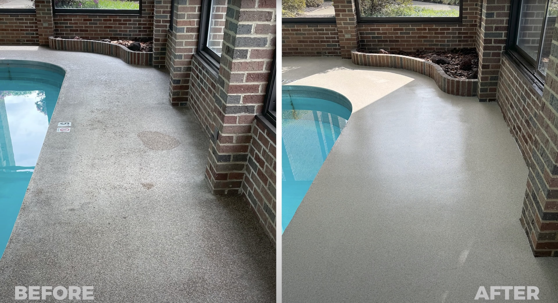 Before and after pool deck resurfacing showing concrete repair and restoration work